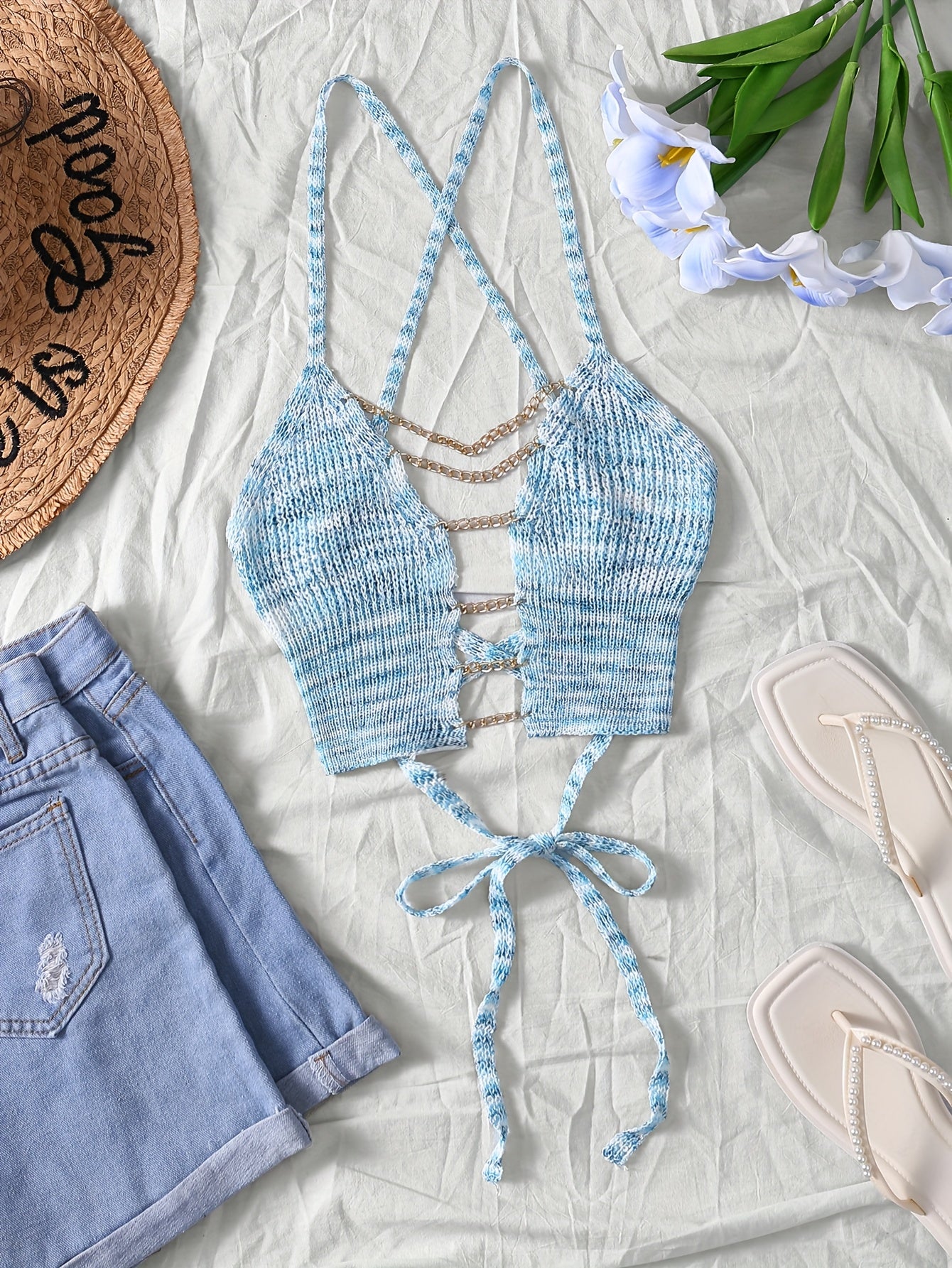 Sexy Gradient Knit Cami Top with Golden Chain Detail - V-Neck, Sleeveless, Stretch Fabric, Light Blue to White Ombre Design for Women - Perfect for Spring/Summer/Fall